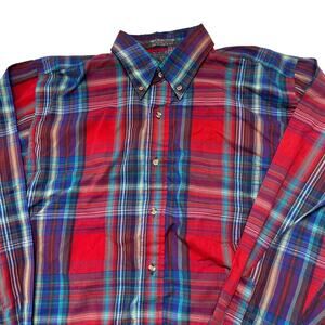 VTG Sir William Shirt Men M Red Blue Green Yellow Plaid Button Up Single Needle